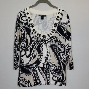 Vintage August Silk Paisley Knit Sweater Size L Black White Beaded Artsy Old Mon